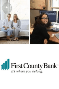 two of first county bank's female business owners and the fcb logo